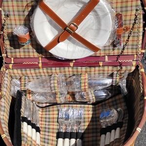 Plaid Picnic Basket with Utensils and Plates